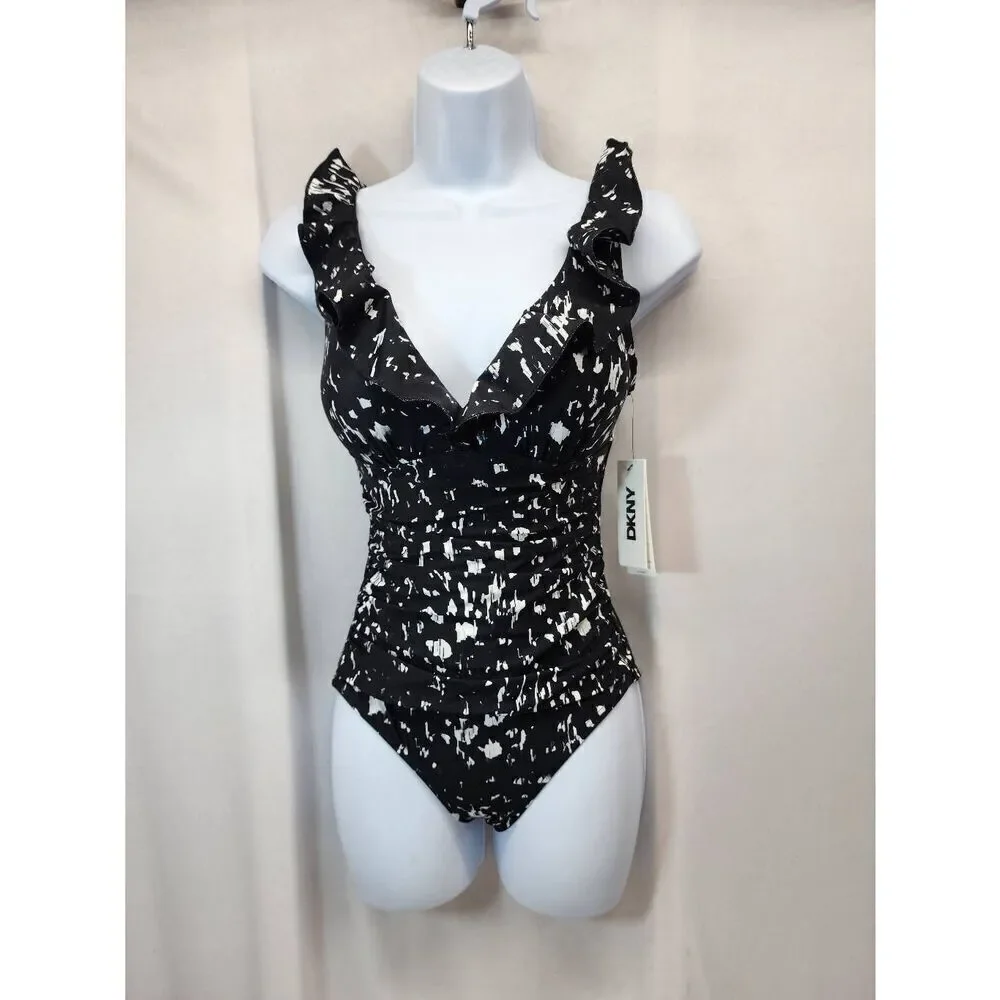 DKNY Size XS Women's Ruffle Neck One-Piece Swimsuit Black/white Tummy Control